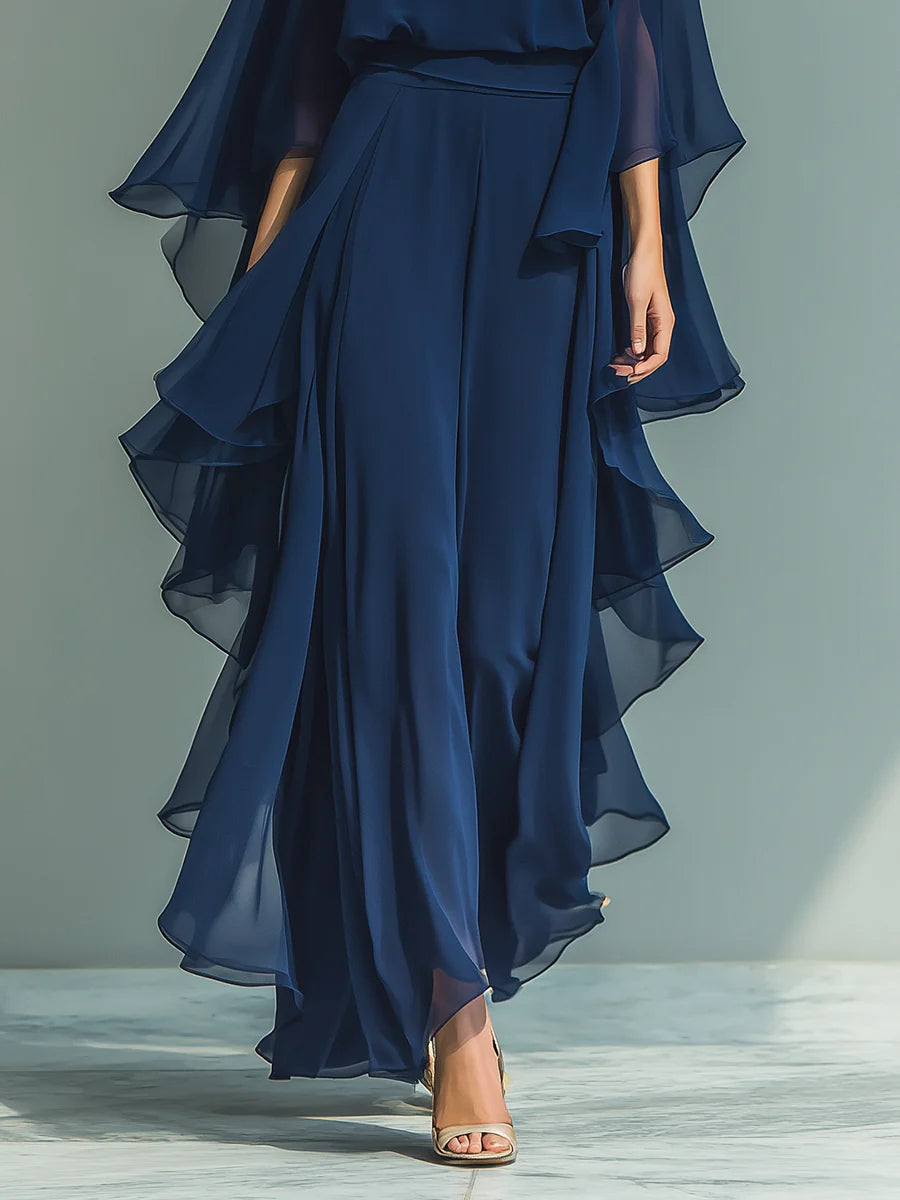 Women's Chiffon Top With Flared Sleeves And Straight-leg Trousers Set With Ruffled Details