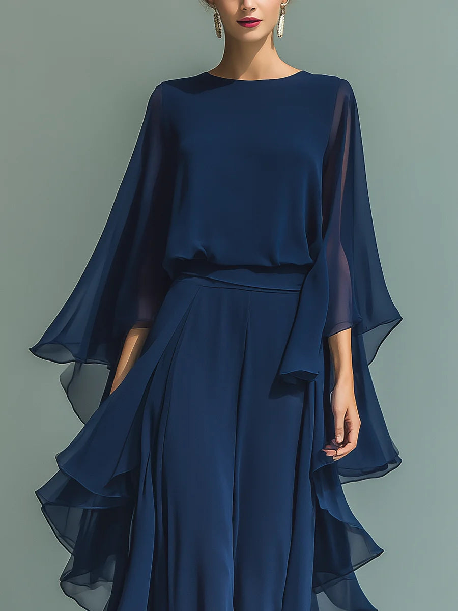 Women's Chiffon Top With Flared Sleeves And Straight-leg Trousers Set With Ruffled Details