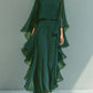 Women's Chiffon Top With Flared Sleeves And Straight-leg Trousers Set With Ruffled Details