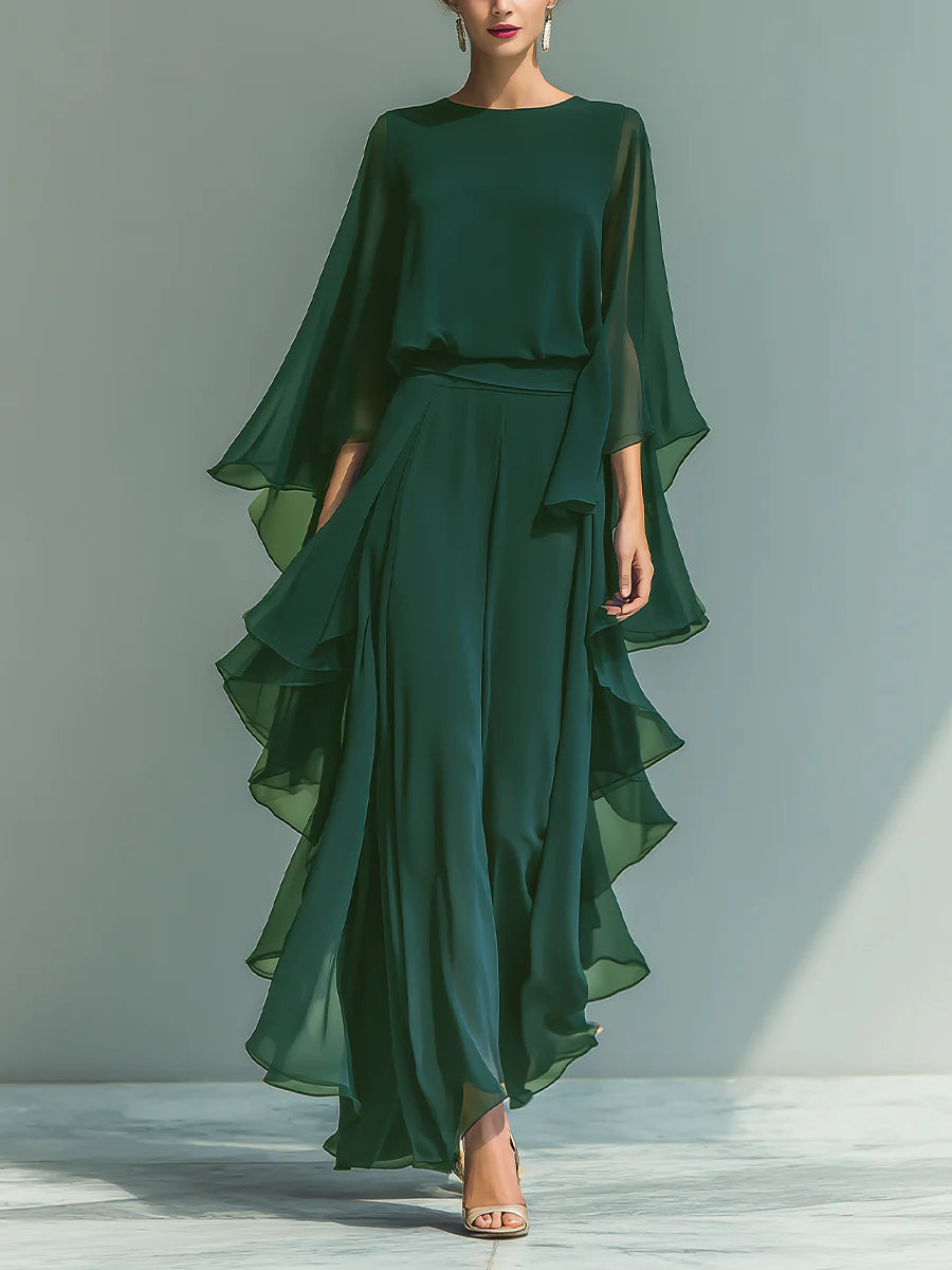 Women's Chiffon Top With Flared Sleeves And Straight-leg Trousers Set With Ruffled Details