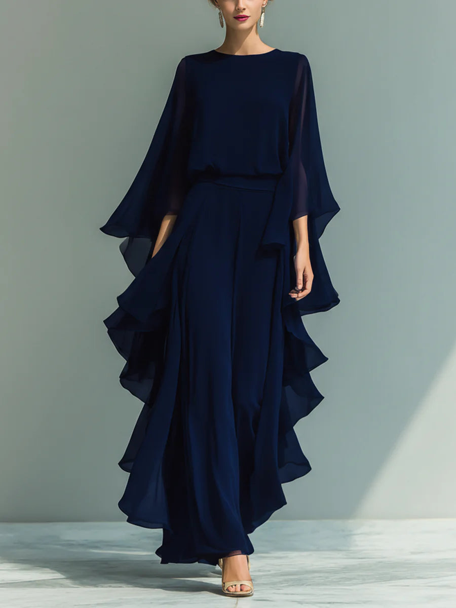 Women's Chiffon Top With Flared Sleeves And Straight-leg Trousers Set With Ruffled Details