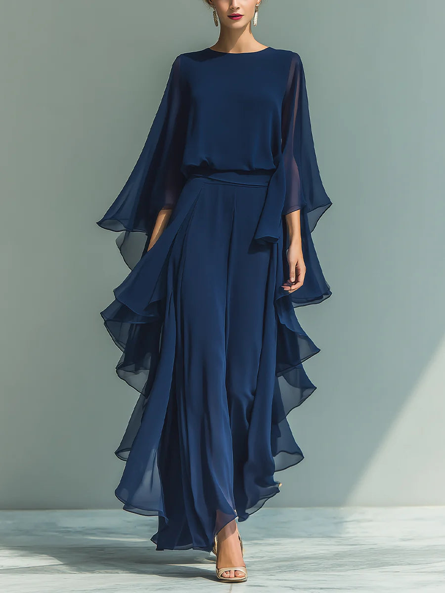 Women's Chiffon Top With Flared Sleeves And Straight-leg Trousers Set With Ruffled Details