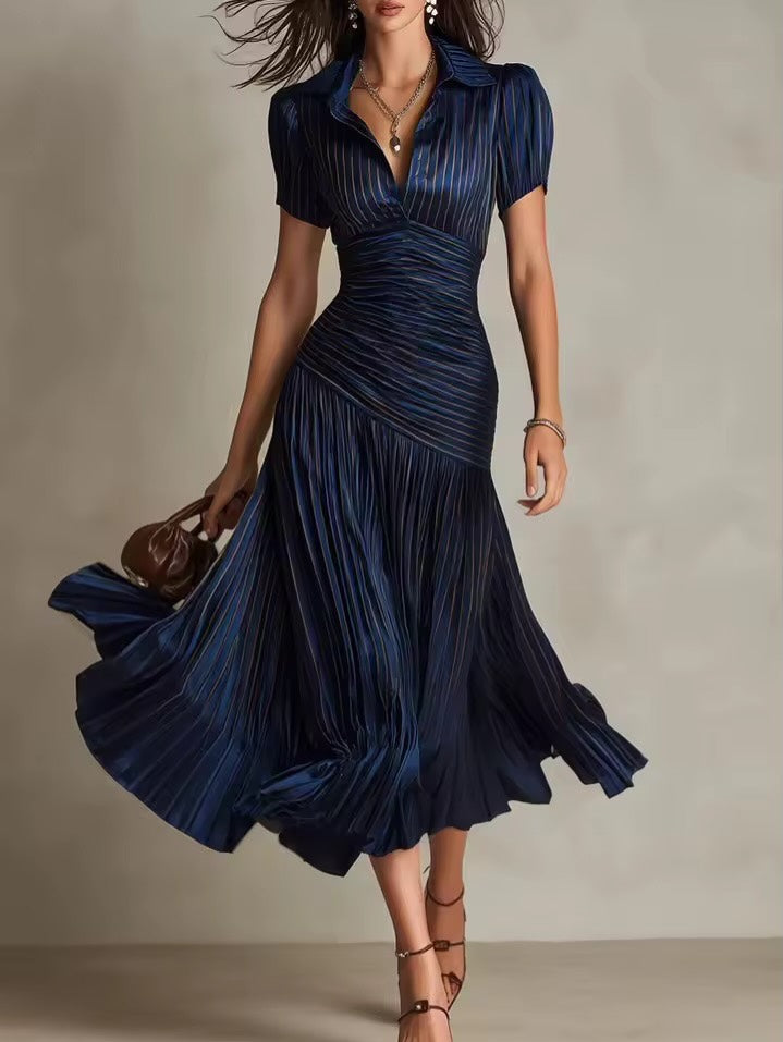 Elegant Pleated Wrap Waist Shirt Dress