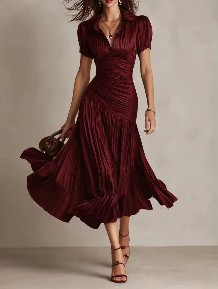 Elegant Pleated Wrap Waist Shirt Dress