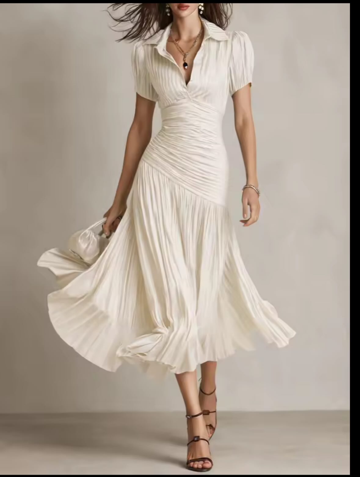 Elegant Pleated Wrap Waist Shirt Dress