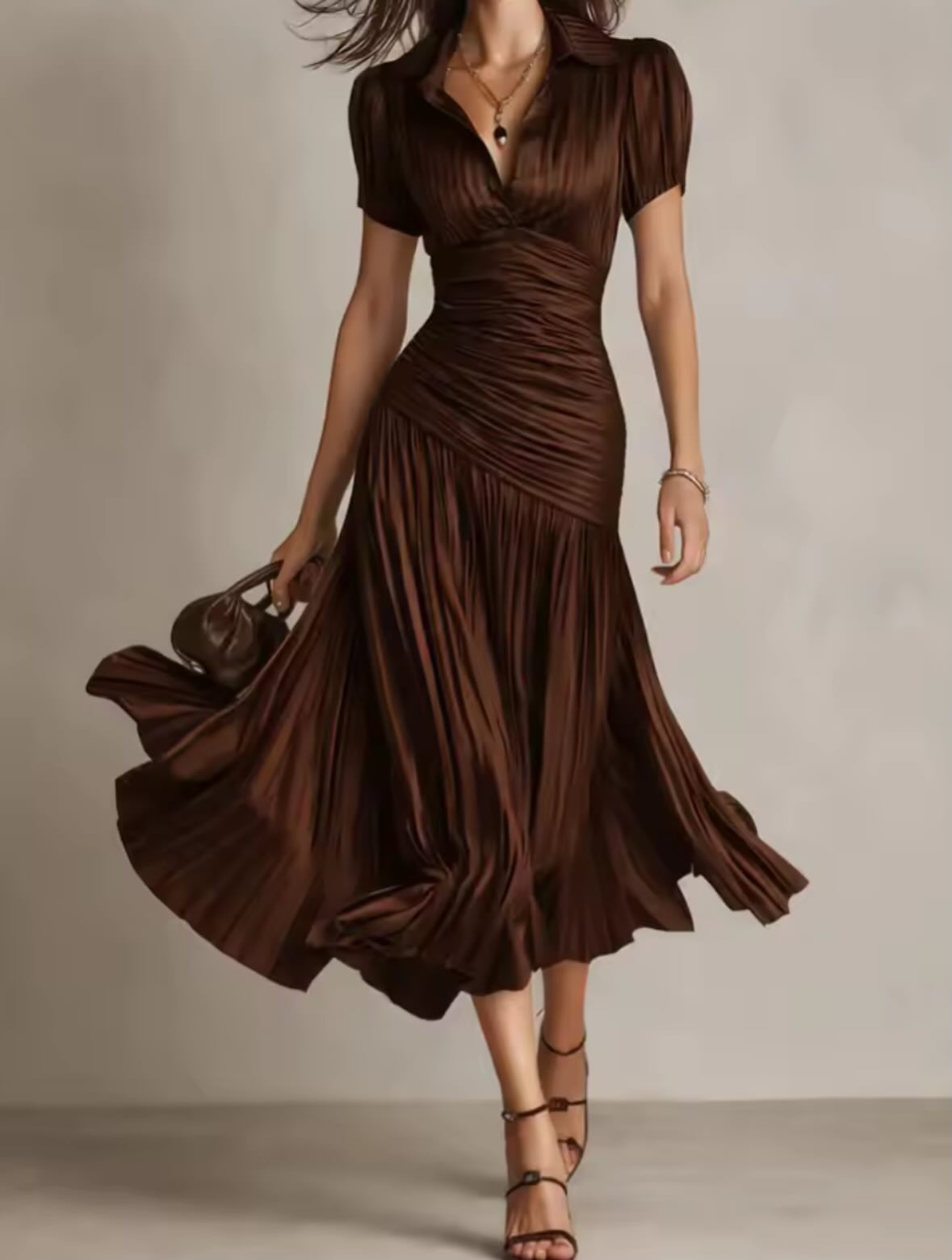 Elegant Pleated Wrap Waist Shirt Dress