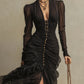 Long Sleeve Ruched Chiffon Button Maxi Dress