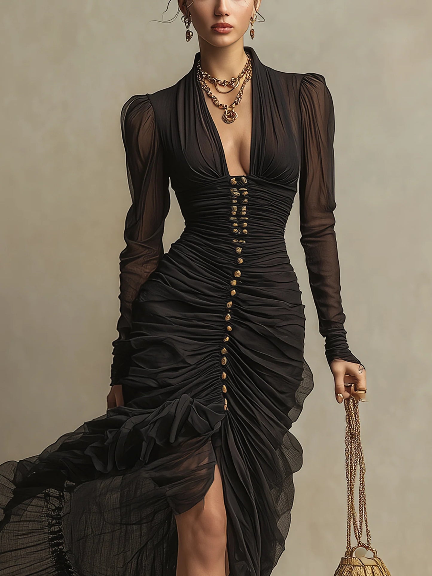 Long Sleeve Ruched Chiffon Button Maxi Dress