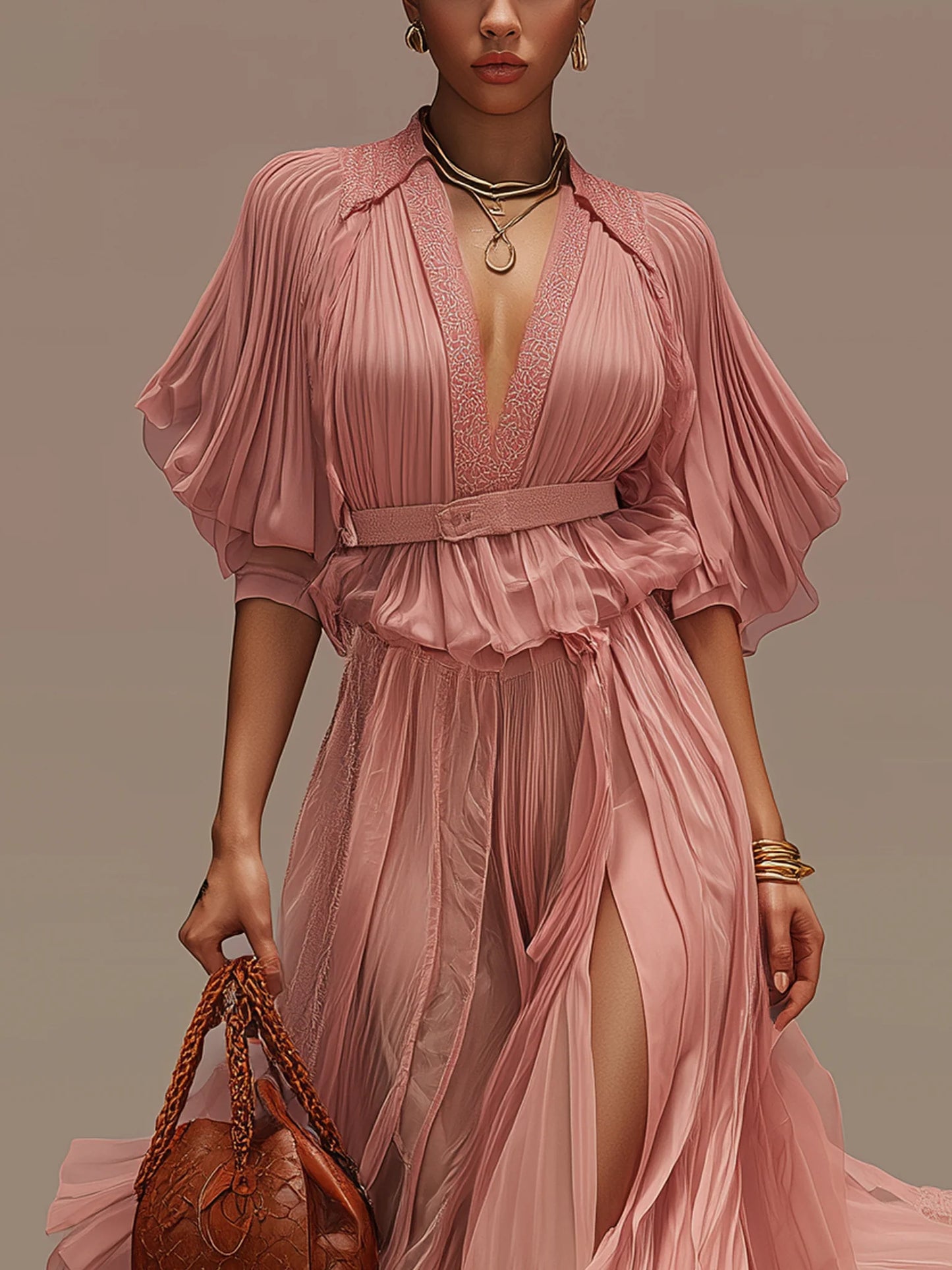 Deep V-Neck Short Sleeve Ruched Chiffon Maxi Dress