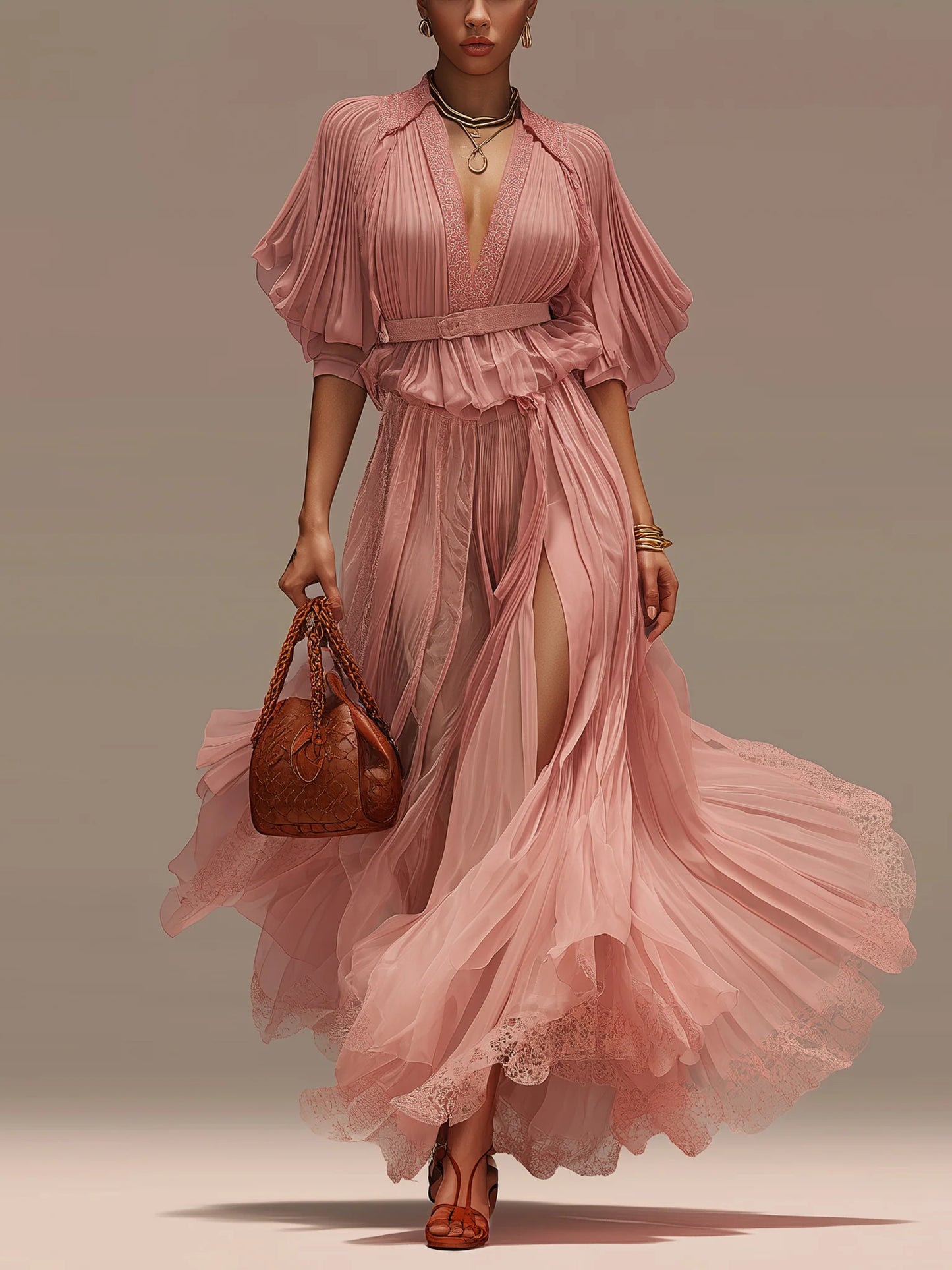 Deep V-Neck Short Sleeve Ruched Chiffon Maxi Dress