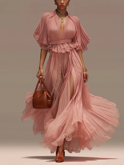 Deep V-Neck Short Sleeve Ruched Chiffon Maxi Dress