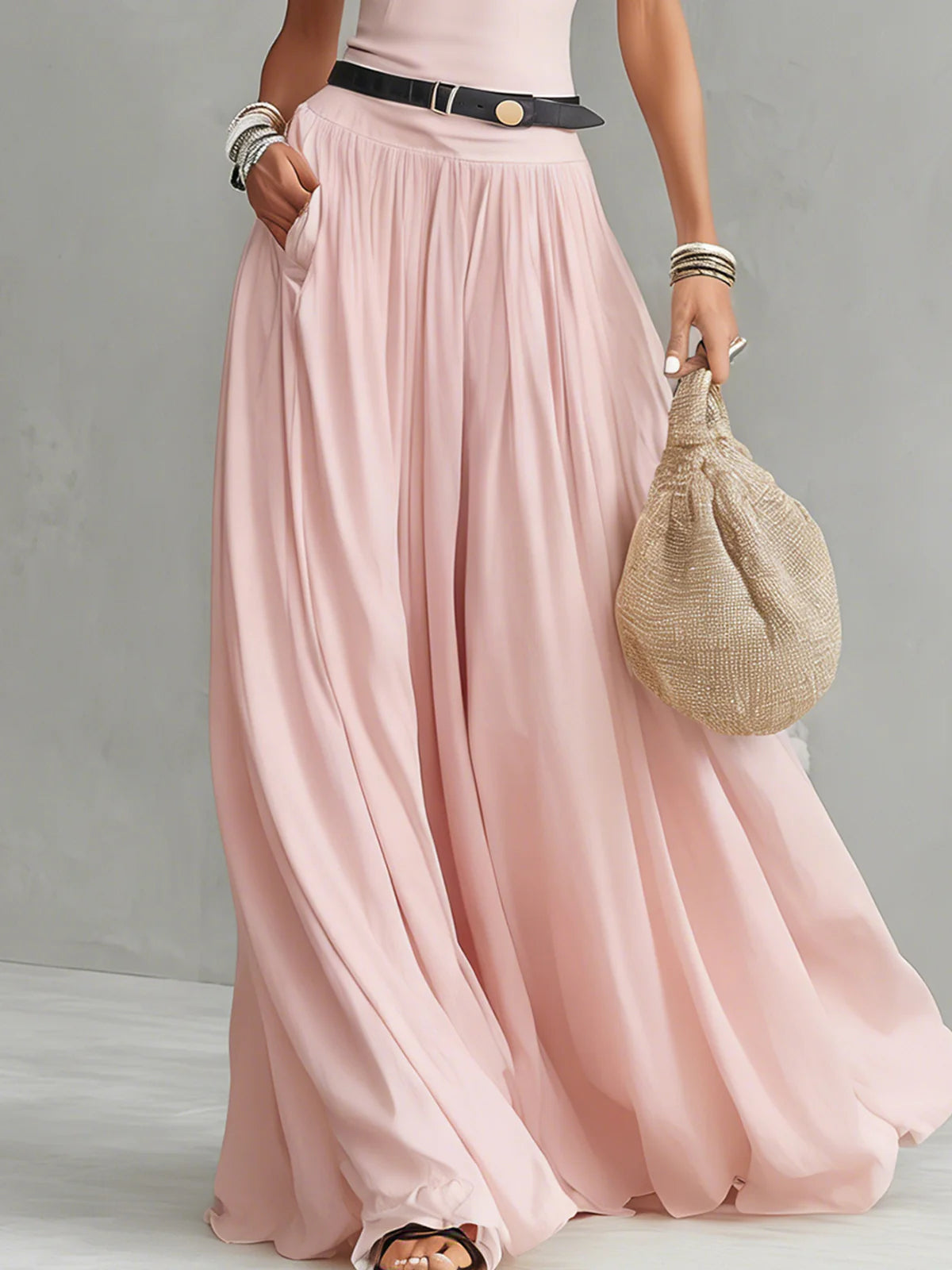 Pink Lace Trim Pleated Maxi Dress