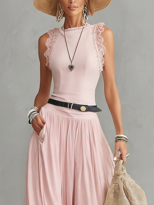 Pink Lace Trim Pleated Maxi Dress
