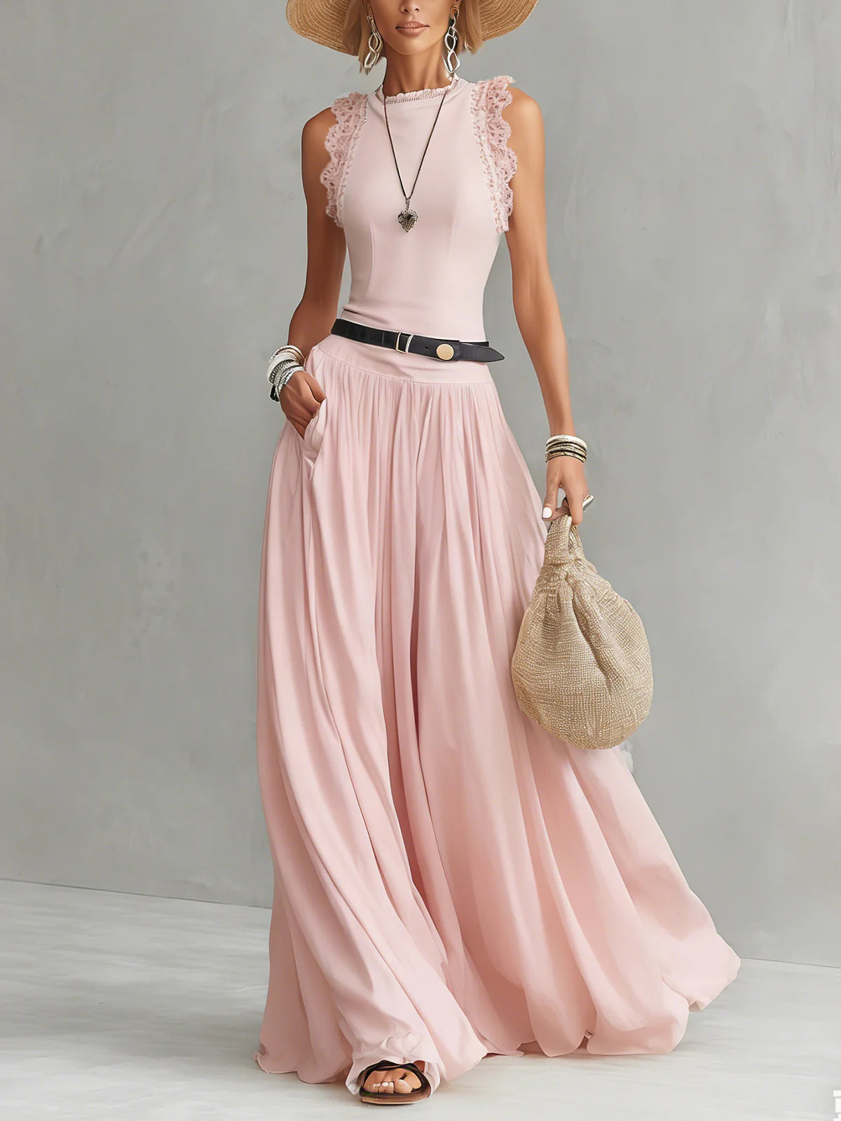Pink Lace Trim Pleated Maxi Dress