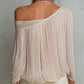 Pleated Off-Shoulder Floral Accent Chiffon Blouse