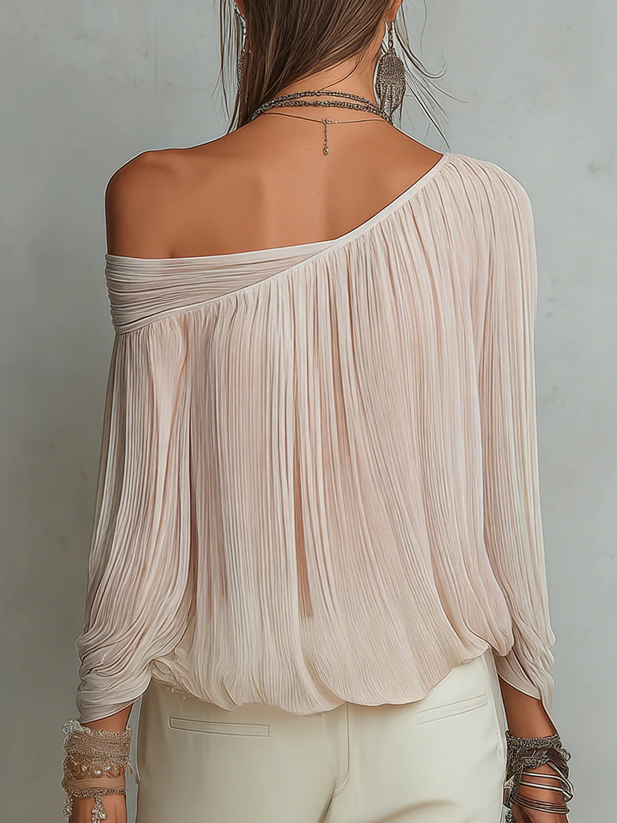 Pleated Off-Shoulder Floral Accent Chiffon Blouse