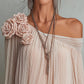 Pleated Off-Shoulder Floral Accent Chiffon Blouse