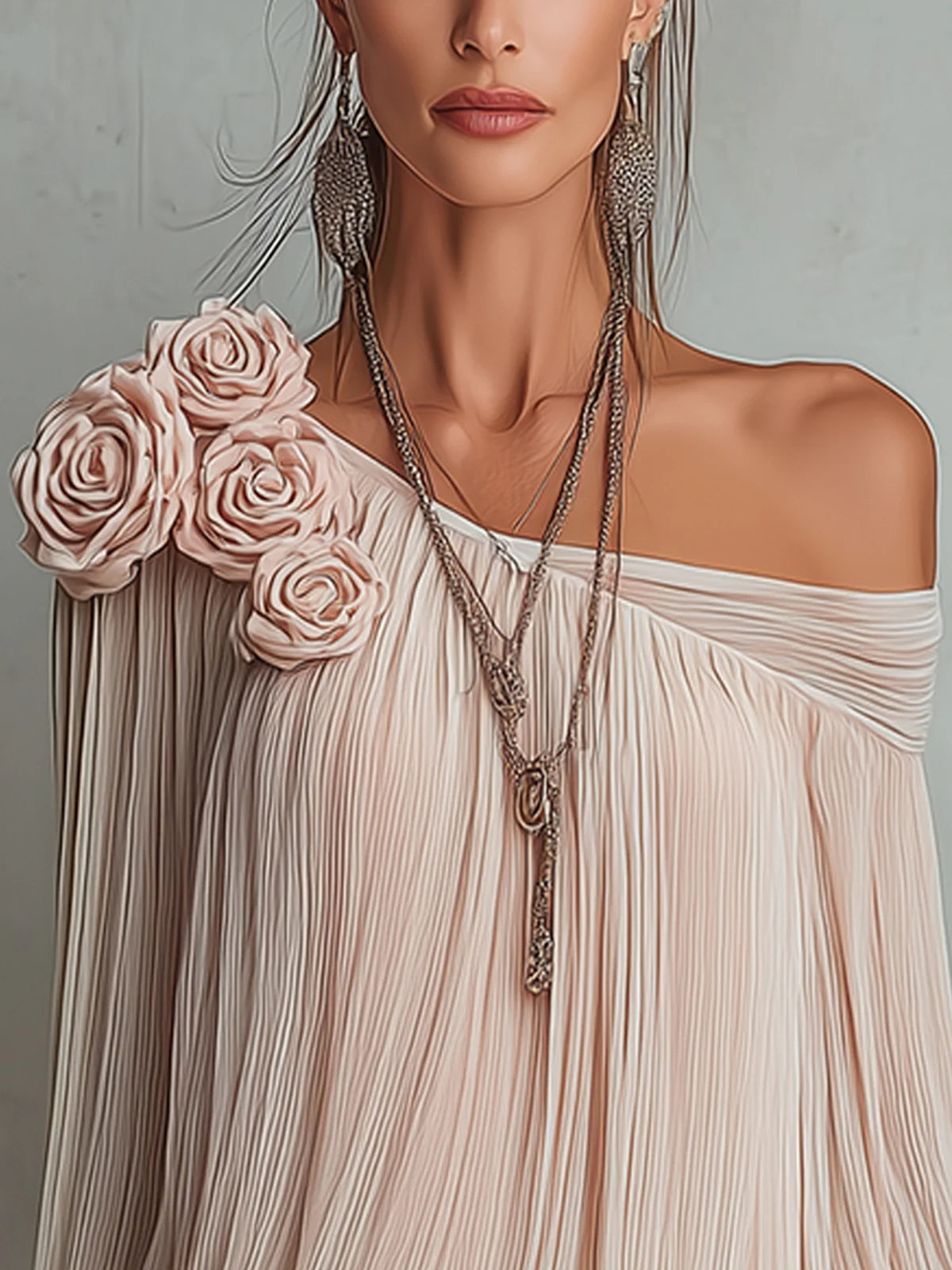Pleated Off-Shoulder Floral Accent Chiffon Blouse