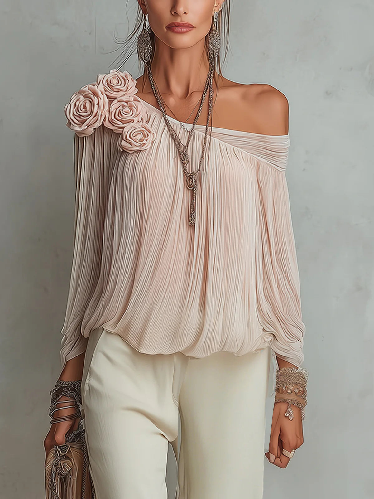 Pleated Off-Shoulder Floral Accent Chiffon Blouse