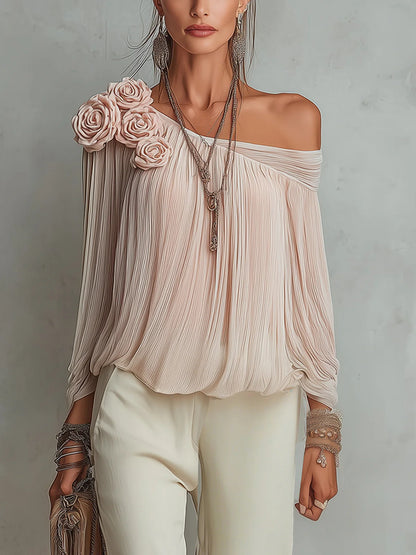 Pleated Off-Shoulder Floral Accent Chiffon Blouse