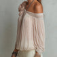 Pleated Off-Shoulder Floral Accent Chiffon Blouse