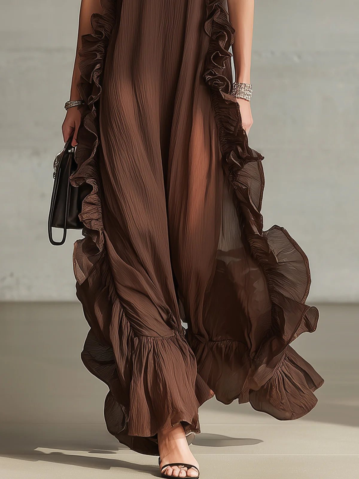 Ruffle Trim Pleated Halter Chiffon Maxi Dress