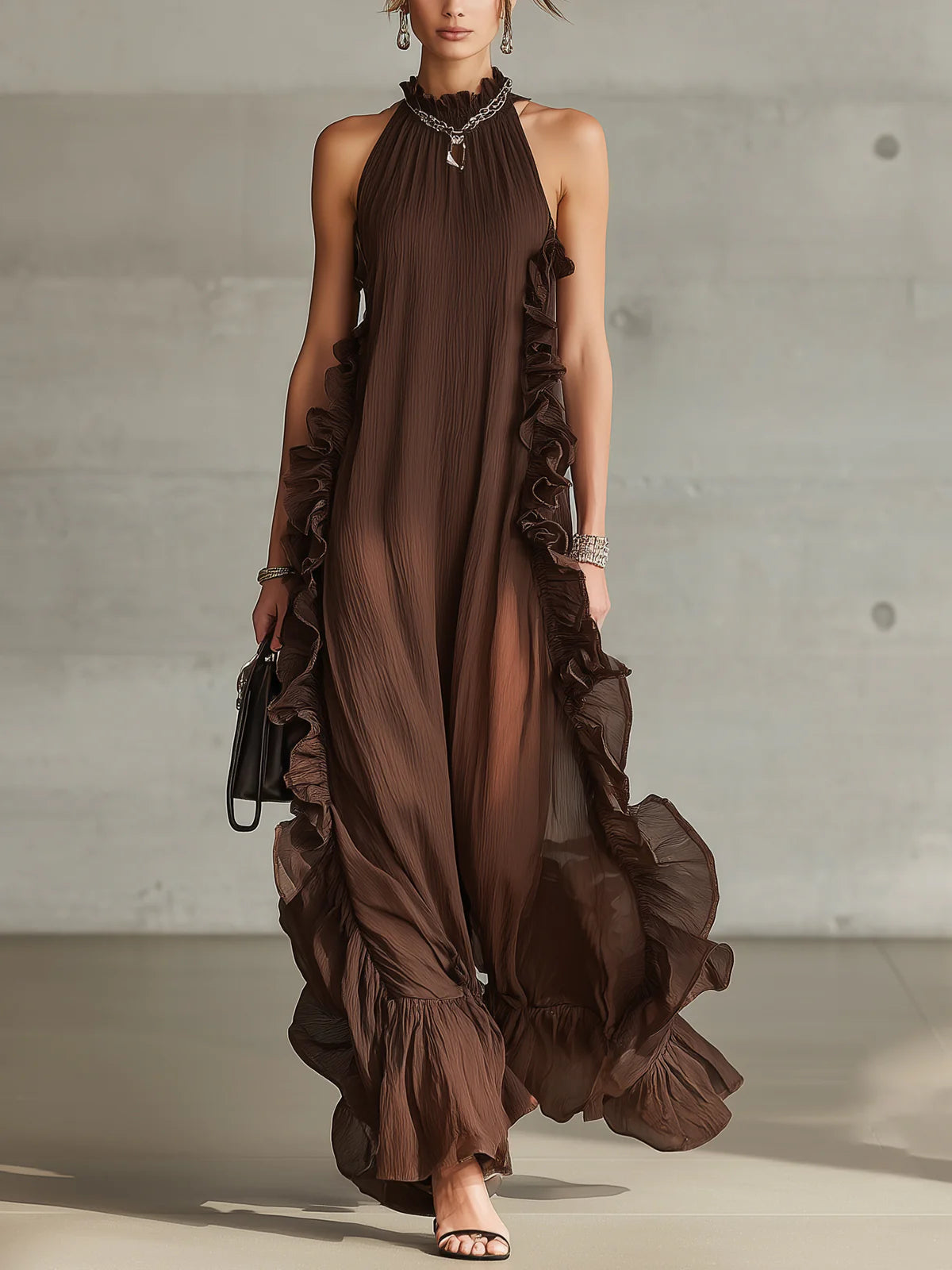 Ruffle Trim Pleated Halter Chiffon Maxi Dress
