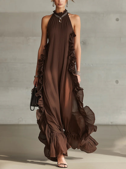 Ruffle Trim Pleated Halter Chiffon Maxi Dress