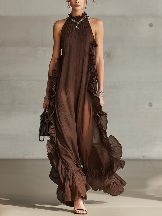 Ruffle Trim Pleated Halter Chiffon Maxi Dress