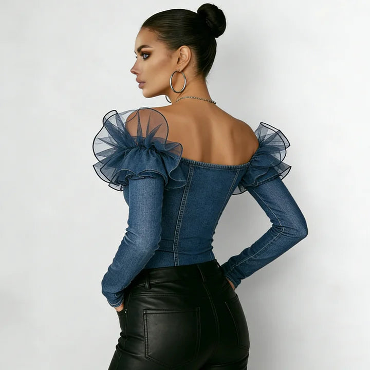 Women's Denim Patchwork Mesh Off Shoulder Blouse