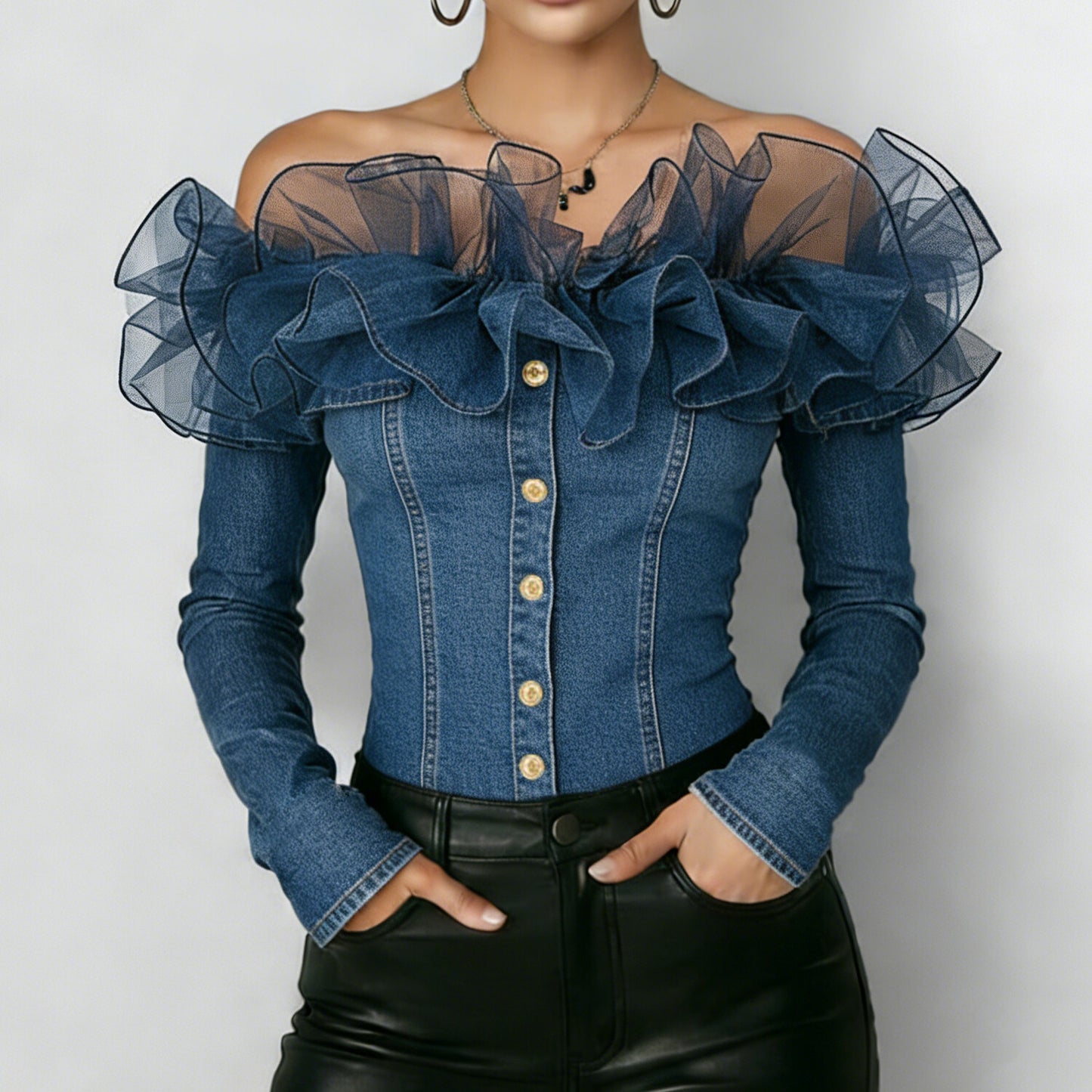 Women's Denim Patchwork Mesh Off Shoulder Blouse