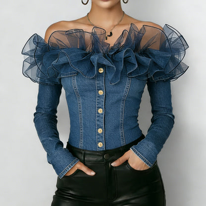 Women's Denim Patchwork Mesh Off Shoulder Blouse
