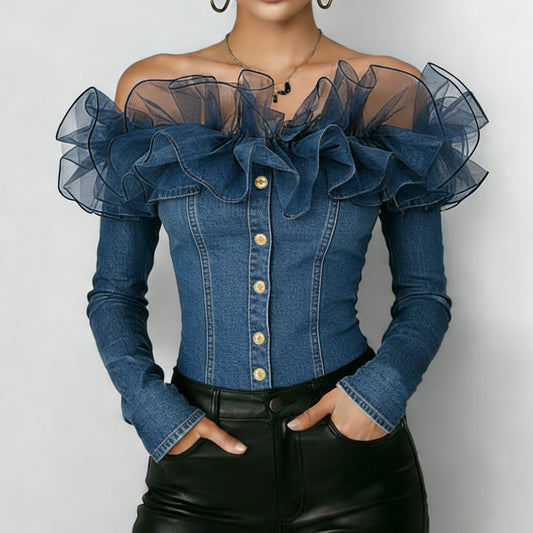 Women's Denim Patchwork Mesh Off Shoulder Blouse