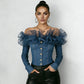 Women's Denim Patchwork Mesh Off Shoulder Blouse
