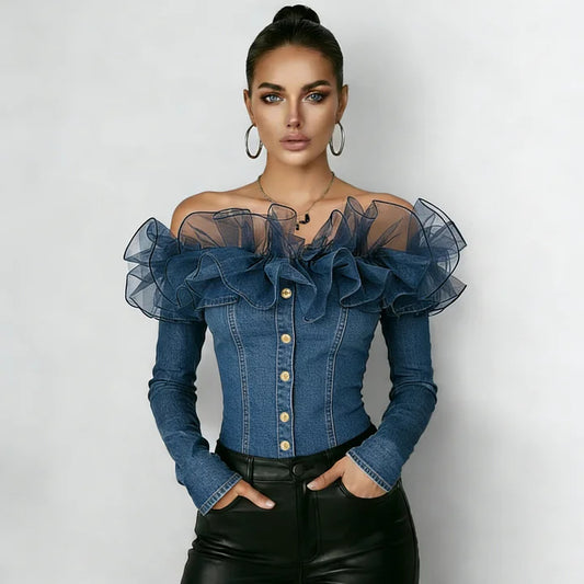 Women's Denim Patchwork Mesh Off Shoulder Blouse