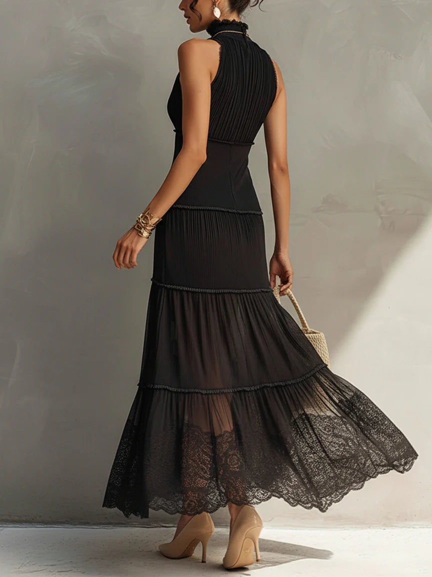 Black Sleeveless Chiffon Lace Maxi Dress