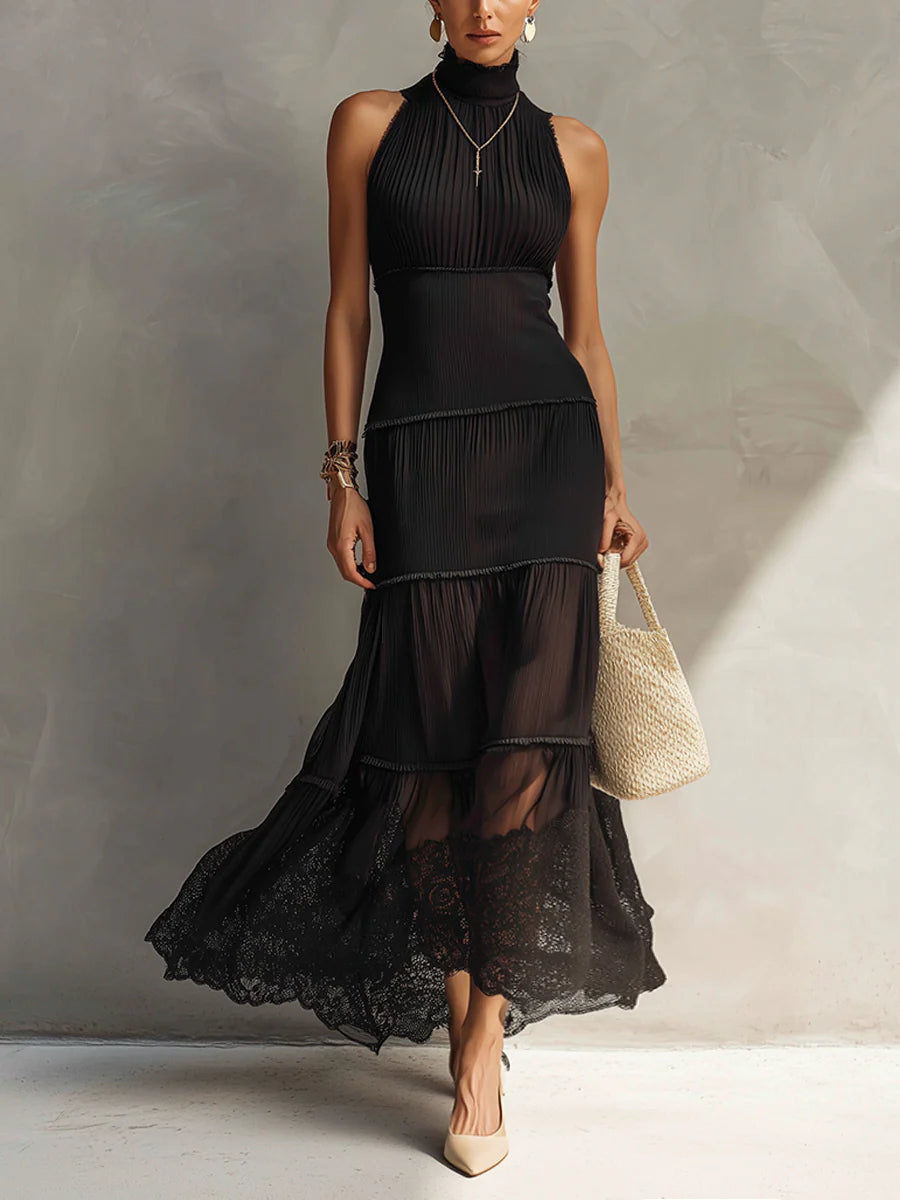 Black Sleeveless Chiffon Lace Maxi Dress