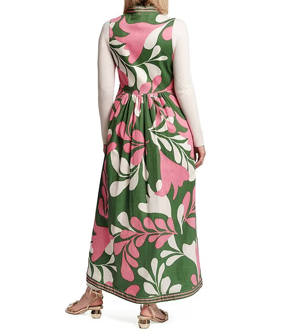 Modern Palm Mock Neck Sleeveless A-Line Maxi Vest