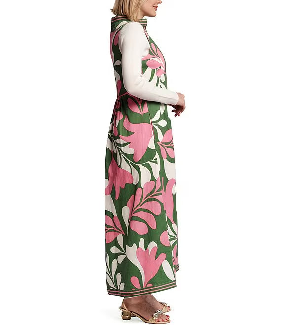 Modern Palm Mock Neck Sleeveless A-Line Maxi Vest