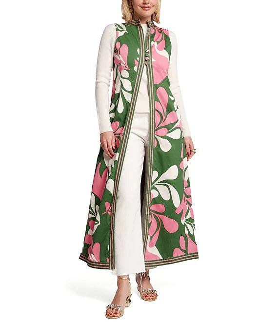 Modern Palm Mock Neck Sleeveless A-Line Maxi Vest