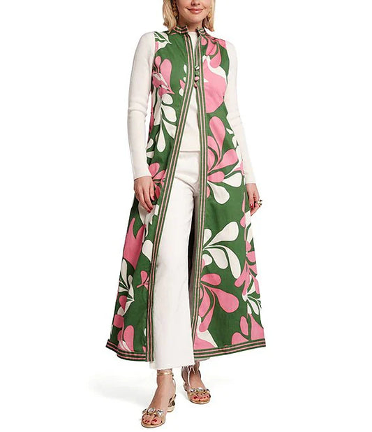 Modern Palm Mock Neck Sleeveless A-Line Maxi Vest