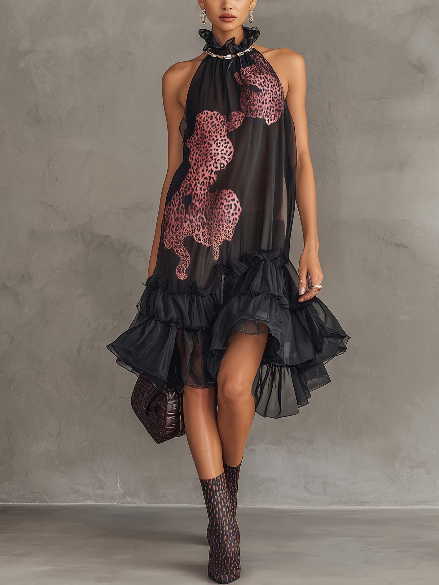 Chiffon Ruffled Asymmetric Leopard Midi Dress