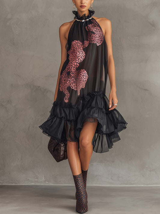 Chiffon Ruffled Asymmetric Leopard Midi Dress