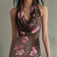 Leopard Print Halter Neck Asymmetrical Lace Hem Dress