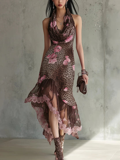 Leopard Print Halter Neck Asymmetrical Lace Hem Dress