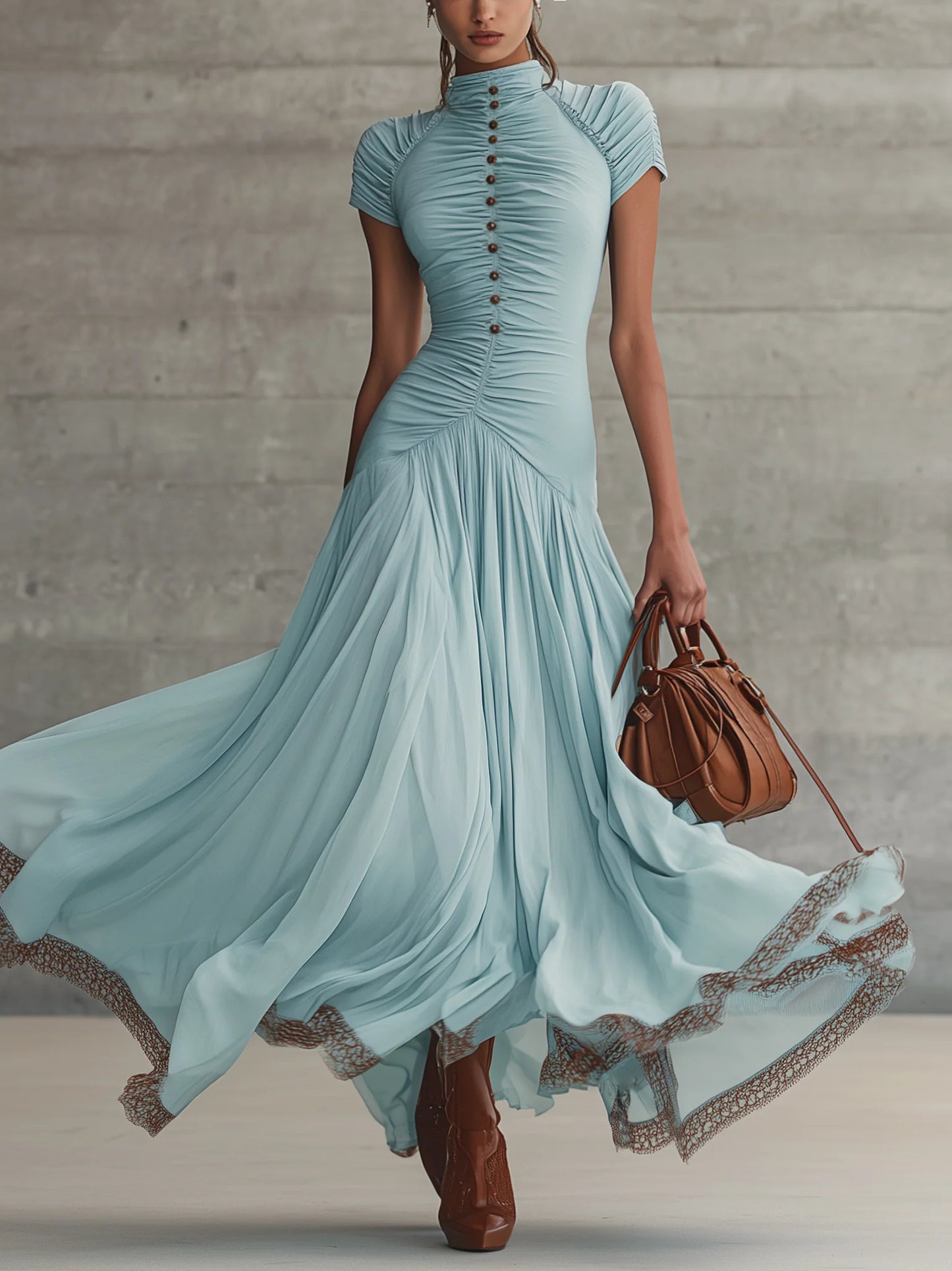Short Sleeve Ruched Chiffon Maxi Dress