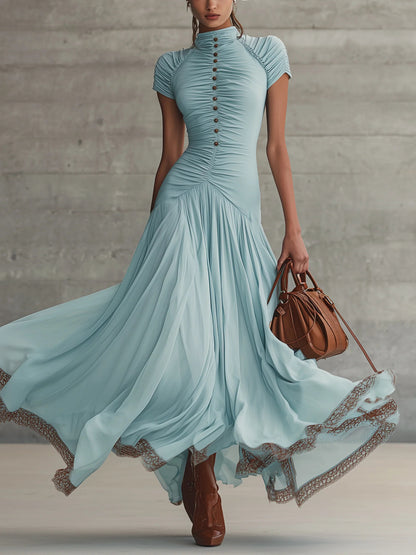 Short Sleeve Ruched Chiffon Maxi Dress