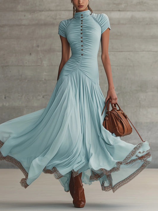 Short Sleeve Ruched Chiffon Maxi Dress