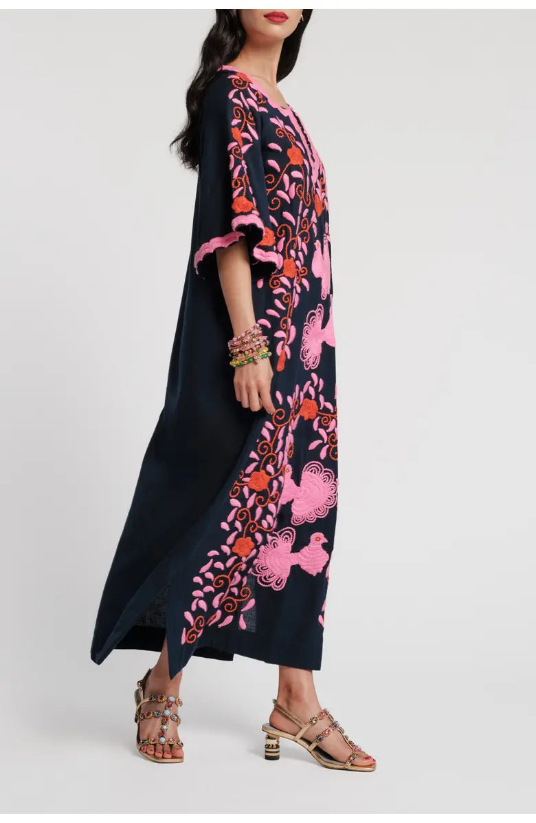 Charming Peacock Embroidery Split V-Neck 3/4 Sleeve Caftan
