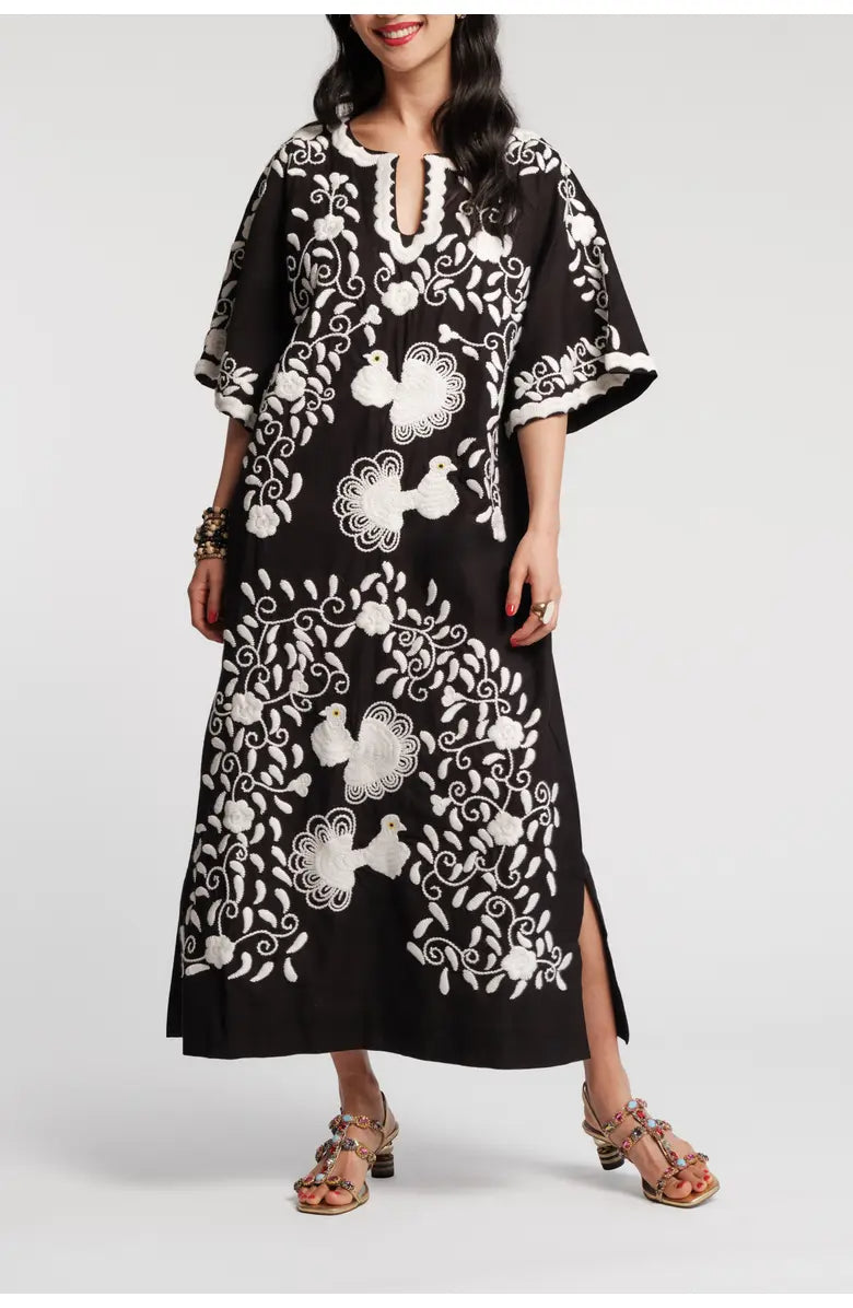 Charming Peacock Embroidery Split V-Neck 3/4 Sleeve Caftan